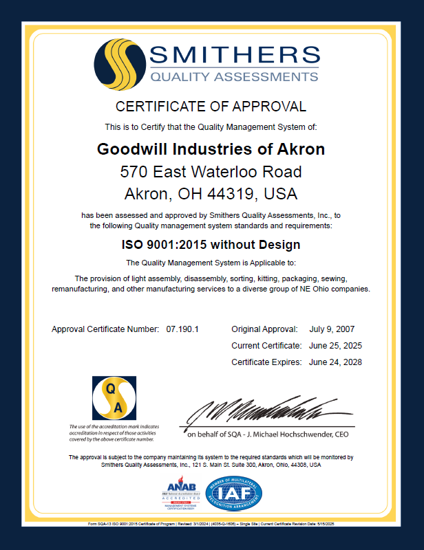 Goodwill Akron Certificate of Approval