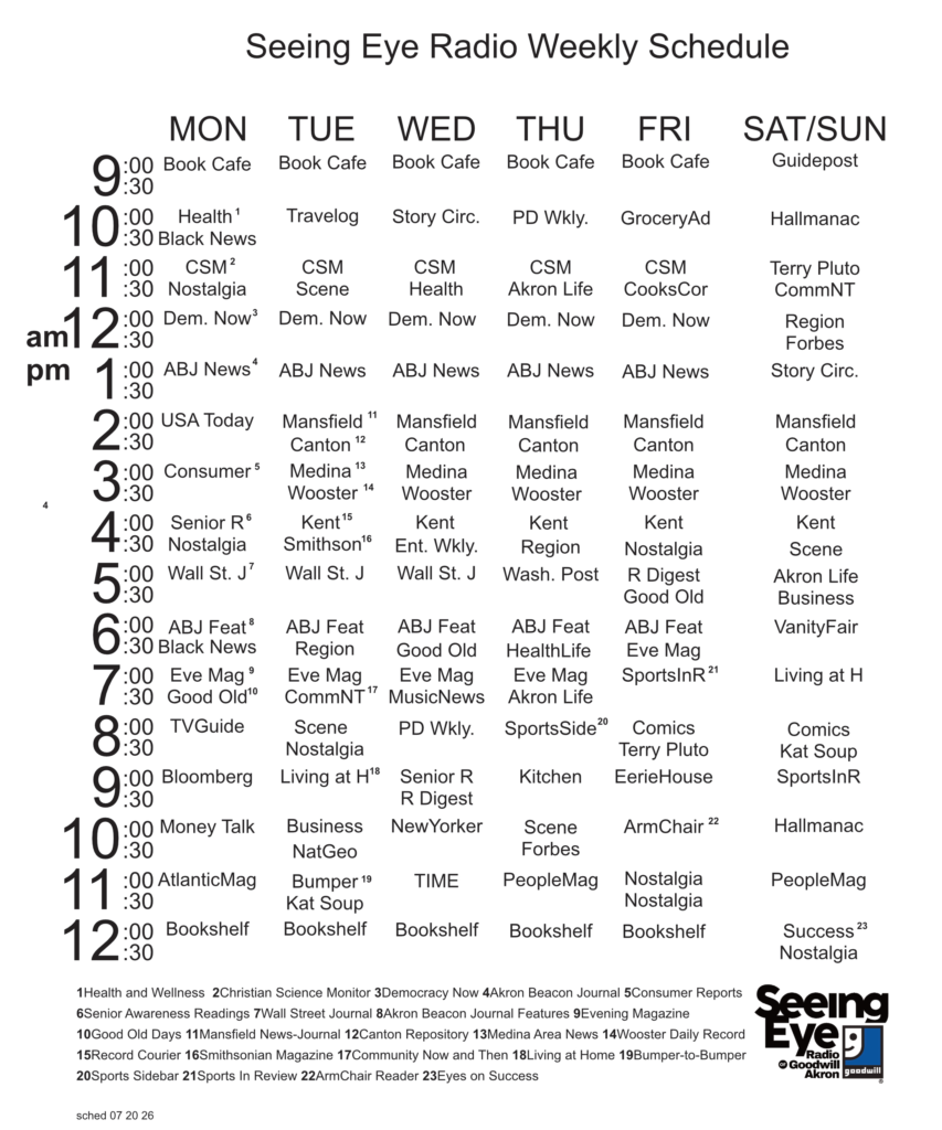 Seeing Eye Radio Weekly Schedule