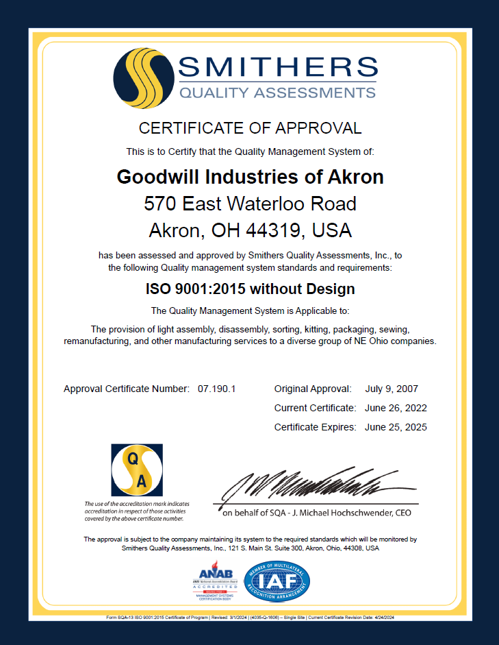 Goodwill Akron Certificate of Approval